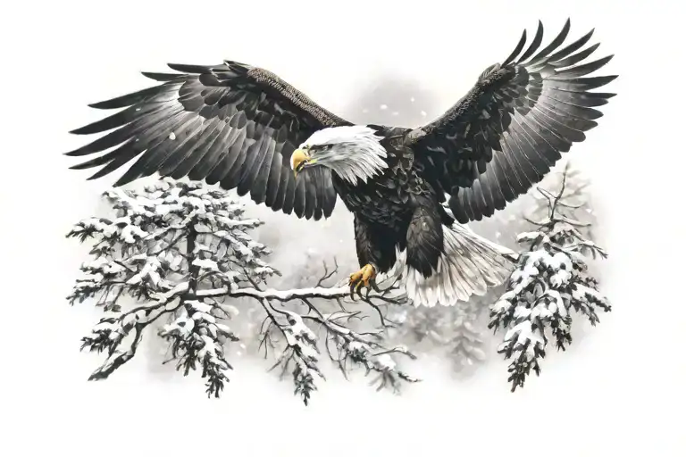 Eagle Flying In A Heay Snow Storm With Trees In Background