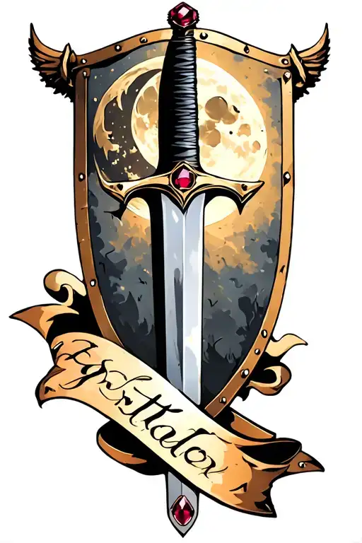 Sword Is Behind The Shield With A Cresent Moon And Ruby On The Shield And A Banner At The Bottom