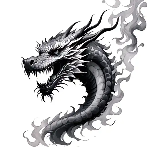 Japanese Dragon Head With Smoke And Fire Black And Grey