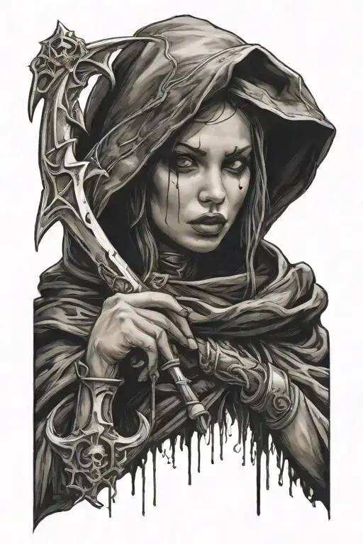 Dark Women With Black Hood And A Scythe In A Hand