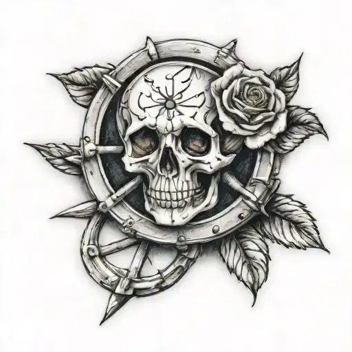 Small Skull Rose And Ship Wheel