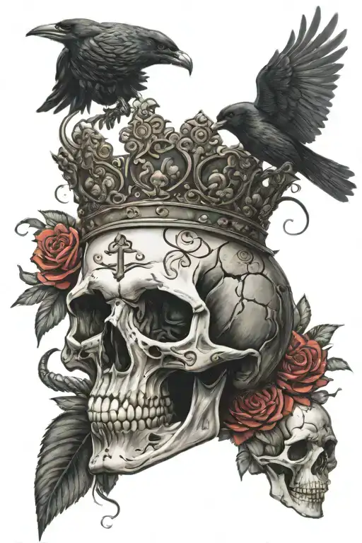 Skull Wearing A Queen Like T Iara Surrounded By Roses With A Snake And A Raven