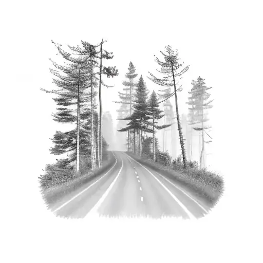 A Country Road Winding Through A Forest Of Trees With A Boston Terrier Riding A Motorcycle