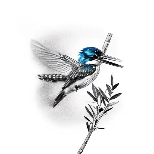 A Realistic Black And White Kingfisher Flies With Olive Leaf In The Mouth