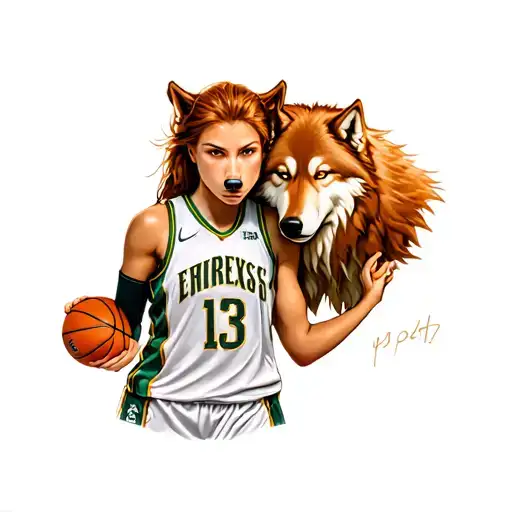 Wolf Protecting Ginger Female With A Basketball Jersey With The Number 13 On It