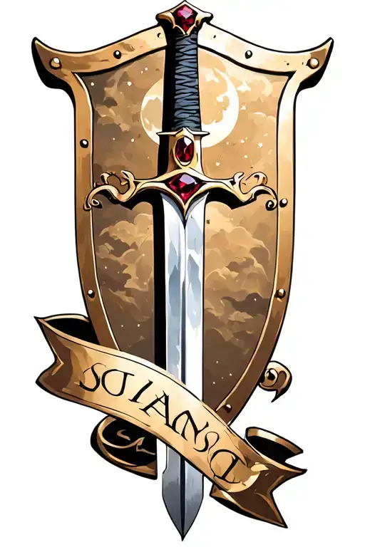 Sword Behind A Shield With A Cresent Moon And Ruby On The Shield And A Banner At The Bottom