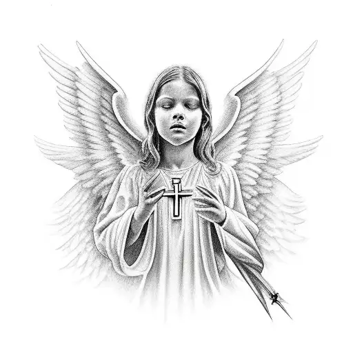 Angel With Christian Cross And Majestic Angel Wings