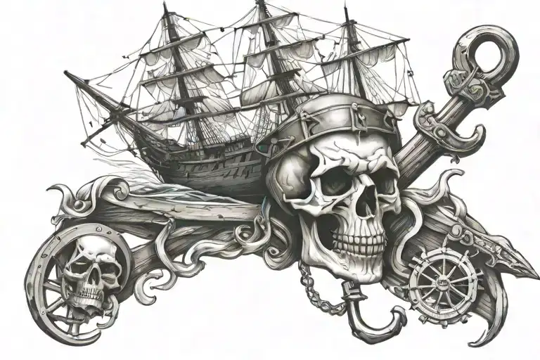 Skull Ship Rudder And Anchor