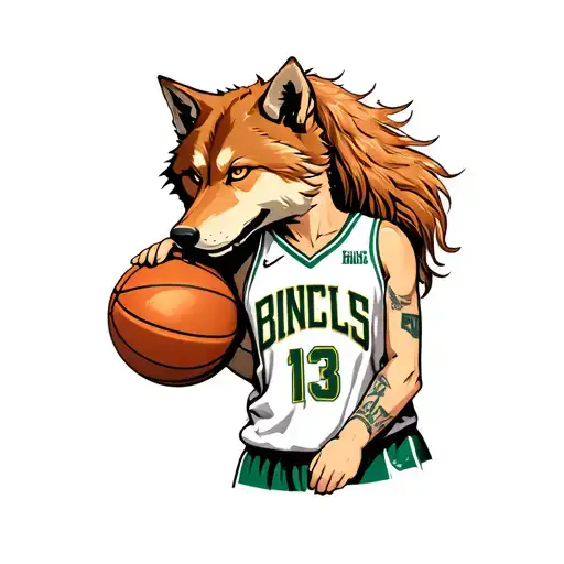 Wolf Protecting Ginger Female With A Basketball Jersey With The Number 13 On It