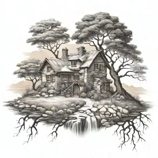 Mythical Tree Of Life Surrounded Stone House Leading Stone Road To Hills