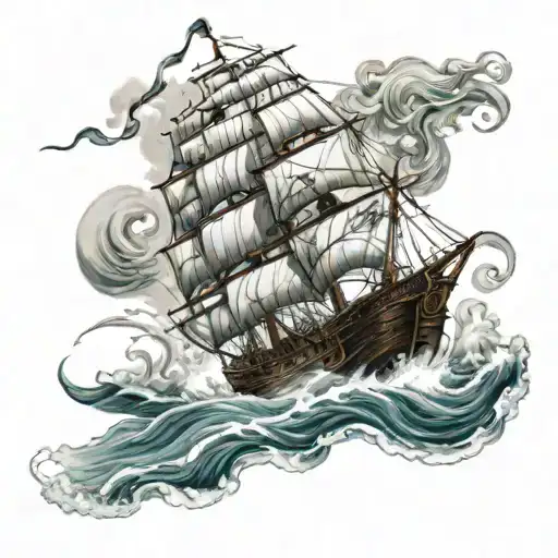 Victory Ship In Battle On Ocean Waves