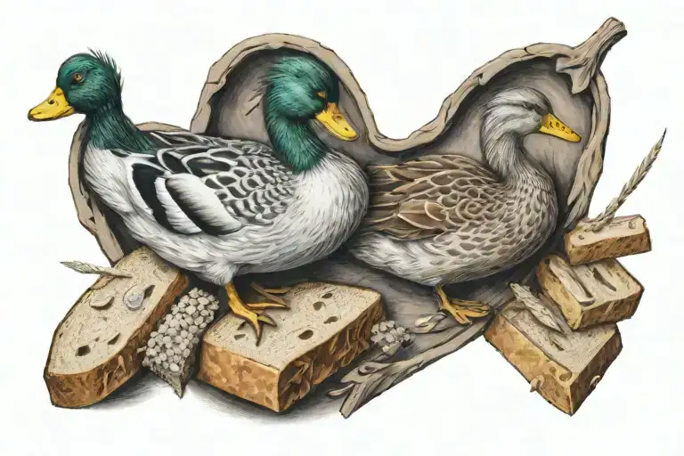 A Love Heart Made Out Of Bread And Two Duck Nibbling On It