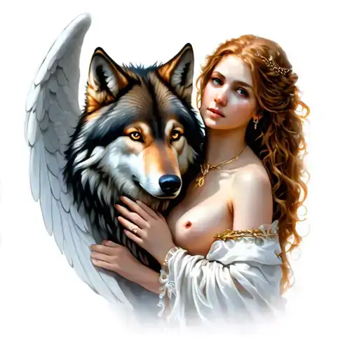 Wolf Protecting Ginger Female Angel