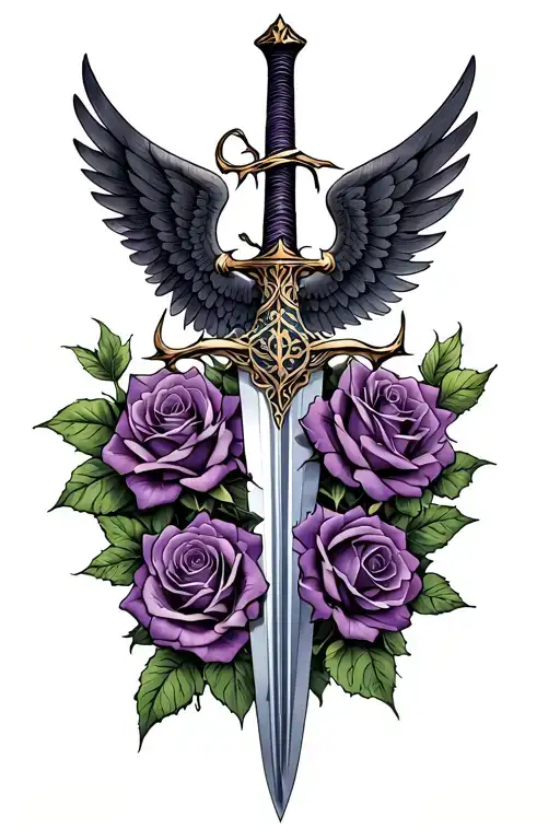 Purple Roses With Thorns Weave Upon A Sword With Wings Coming Off The Sword