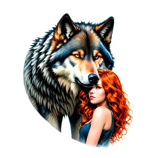 Large Alpha Wolf Protecting A Red Haired Young Adult Female