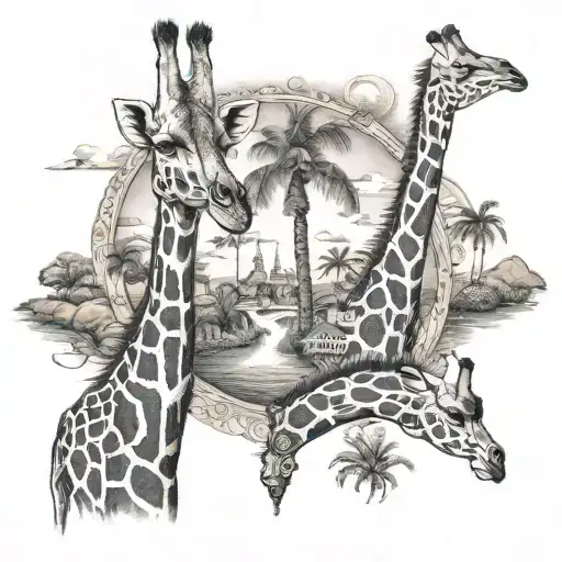 A Whimsical Scene Of Giraffes Exploring Different Travel Destinations