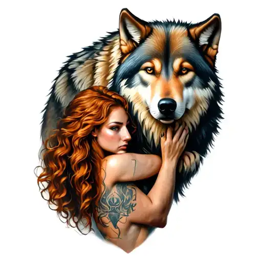 Full Body Alpha Wolf Protecting A Ginger Female