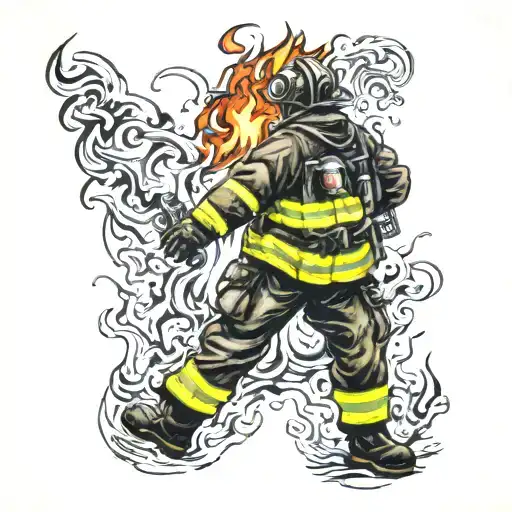 A Tattoo Design Of A Fierce Firefighter Dancing With Flames Around Them