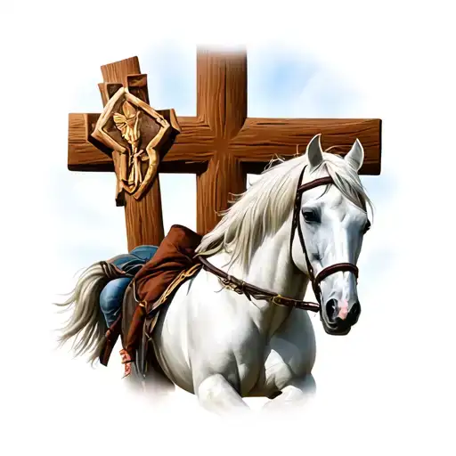 Cowboy Themed White Horse In Front Of A Cross