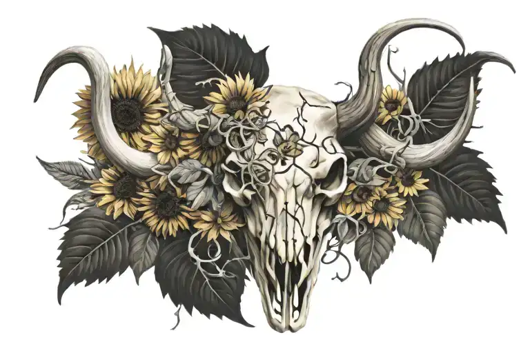 Longhorn Cow Skull With Vines Wrapped Around Its Horns With Sunflowers