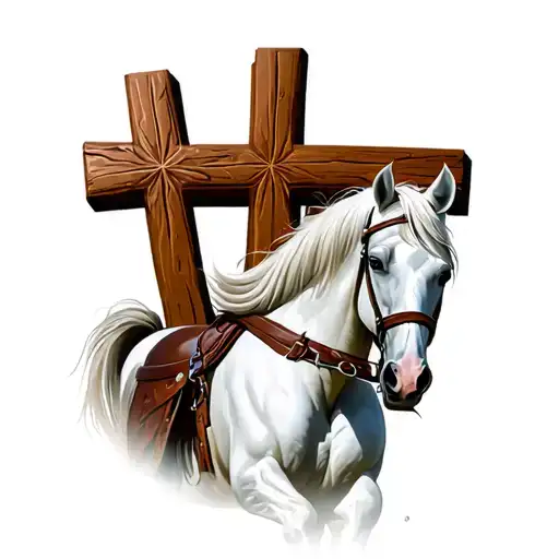 Cowboy Themed White Horse In Front Of A Cross