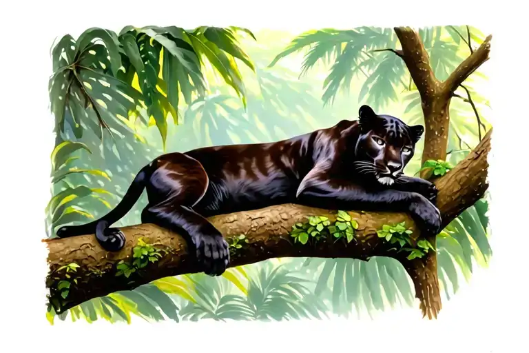 Panther Lying On A Tree Limb In The Jungle Background