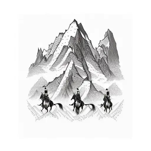A Majestic Mountain Range With Knights On Horseback In The Foreground