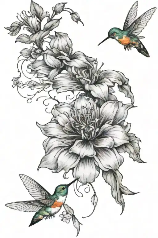 Flowers With Bees And Hummingbird Hovering