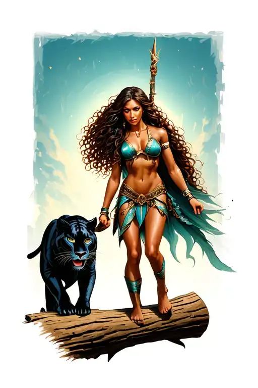 A Female Warrior With Long Brown Curly Hair And Brown Skin Petting A Black Panther Walking On Log