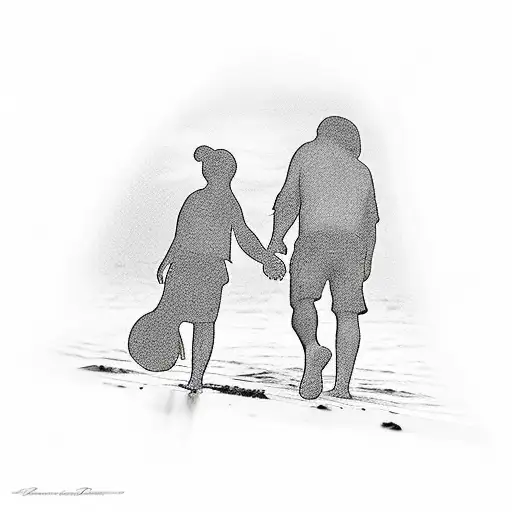 Silhouette Of Father And Daughter On The Beach