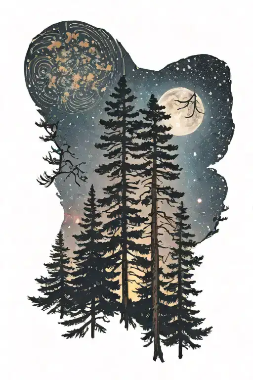 Pine Trees Silouhette With View Of Galaxy In The Sky