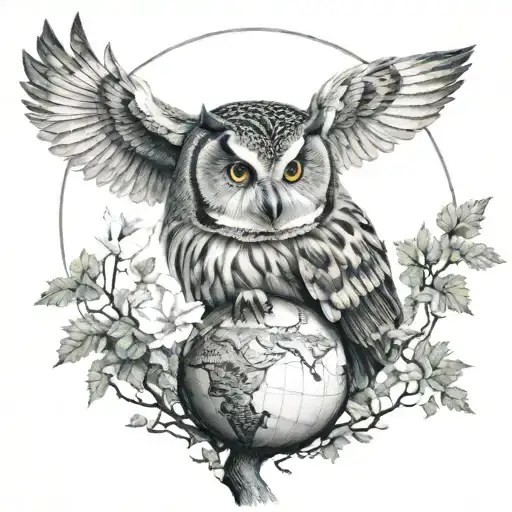 Owl Looking Down From Tree To Earth Globe