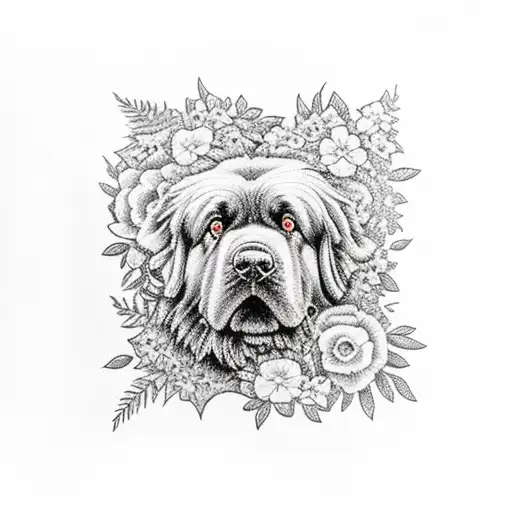 Newfoundland Dog Surrounded By Flowers And Lace Jungle