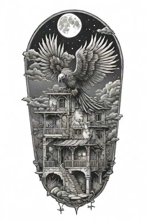 Phenix Rebirth Flying Out Through The Roof Of A Lebanese Traditional House Under The Moon