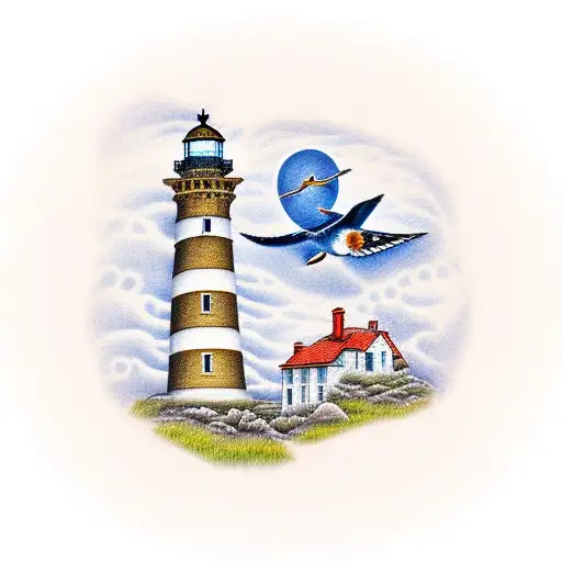 Lighthouse With Swallow In Foreground Carrying Flower