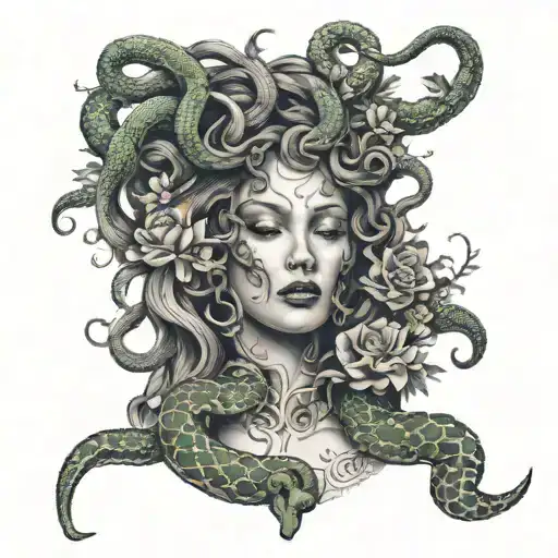 Medusa Gazing While Smoke Is Coming From Her Mouth With Flowers And Snakes Surrounding Her