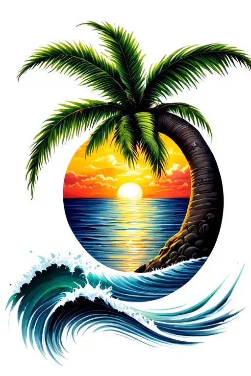 Palm Tree With Calm Waves And Sunrise