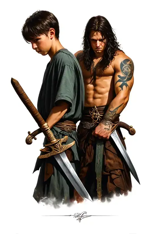 Boy With Wooden Sword And Man With Real Sword