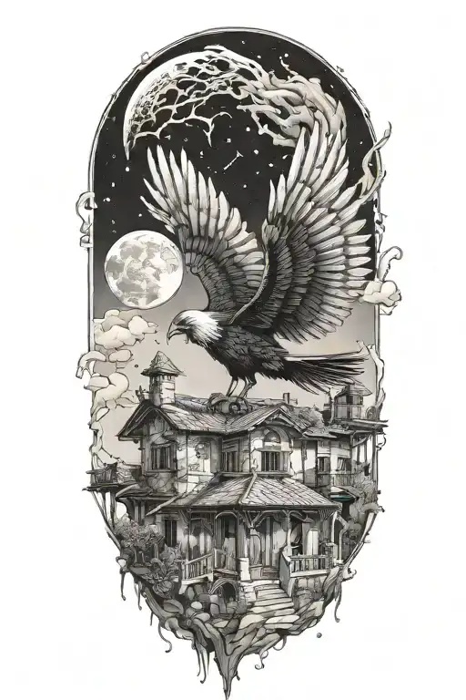 Phenix Rebirth Flying Out Of A Lebanese Traditional House Under The Moon