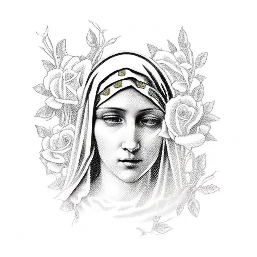 Virgin Mary Full Body And Praying Hands Surrounded By Roses