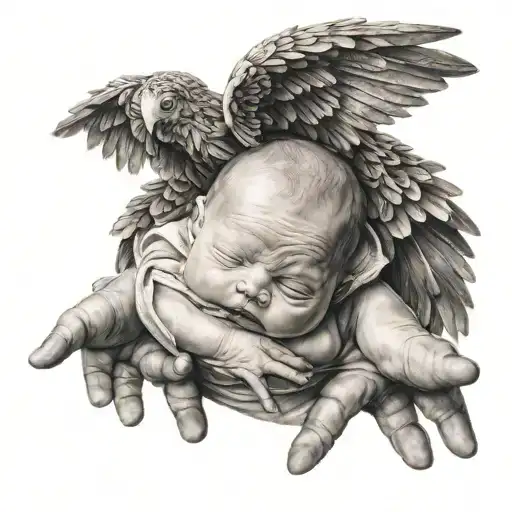 Baby With Wings Lying On The Palms Of Two Hands