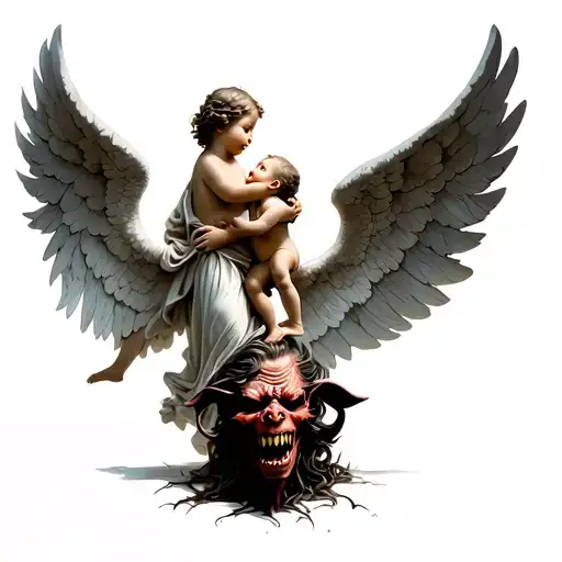 Angel Embracing A Child And Stepping On A Demon's Head