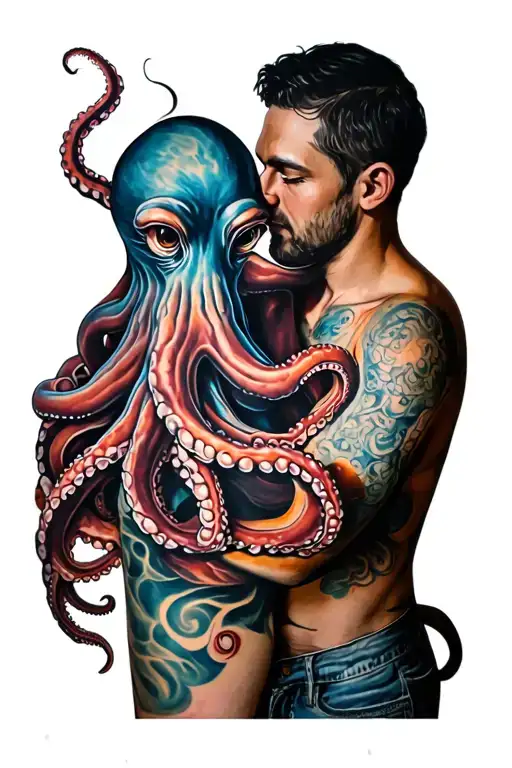 Octopus Hugging Man Vitruvio Half Realistic