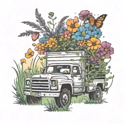A Truck Driving Through A Field Of Colorful Wildflowers With Music Notes Floating In The Sky
