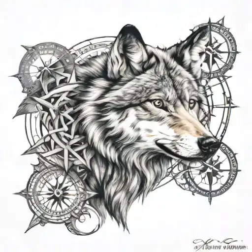 Wolf Face And Compass Rose Intertwined