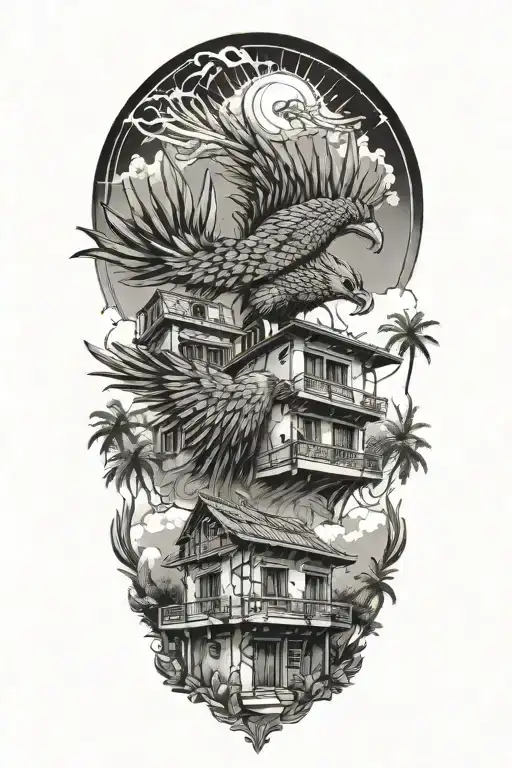 Traditional Lebanese House With A Phenix Bursting Out Of The Roof