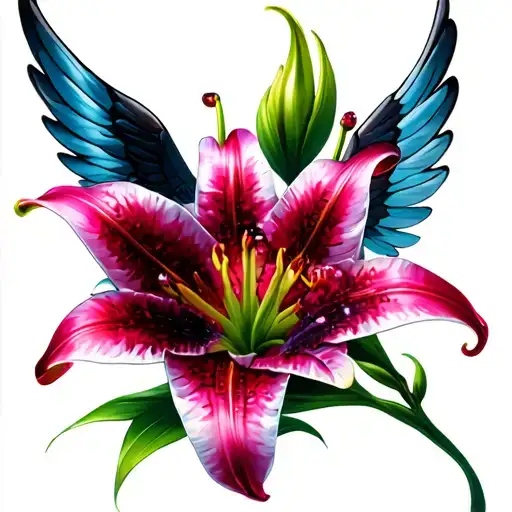 Lily Flower Next To A Ruby With Wings