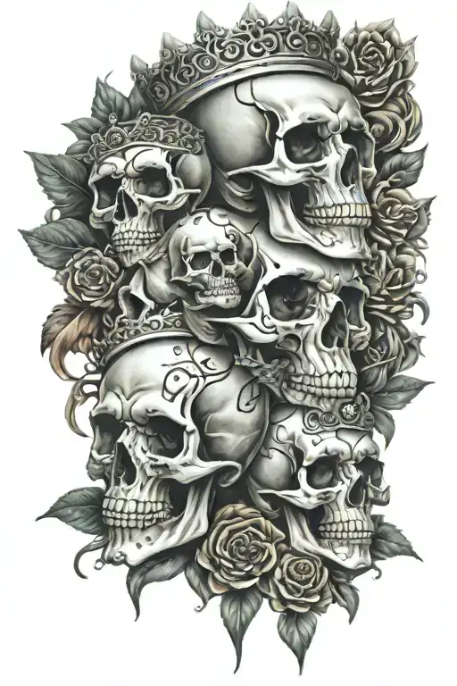 Three Skulls Surrounded And Queens Crown Surrounded By Bold