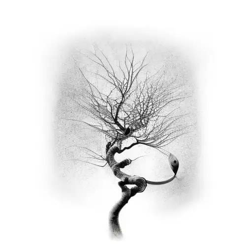 A Realistic Black And White Tattoo Of A Japanese Maple Tree With A Hidden Mantis