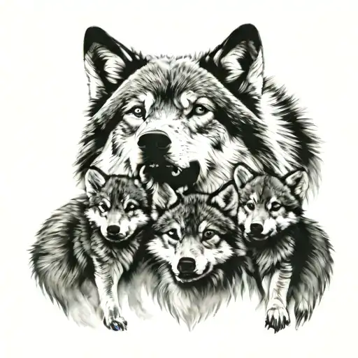 Mother Wolf With 2 Cubs Surrounded
